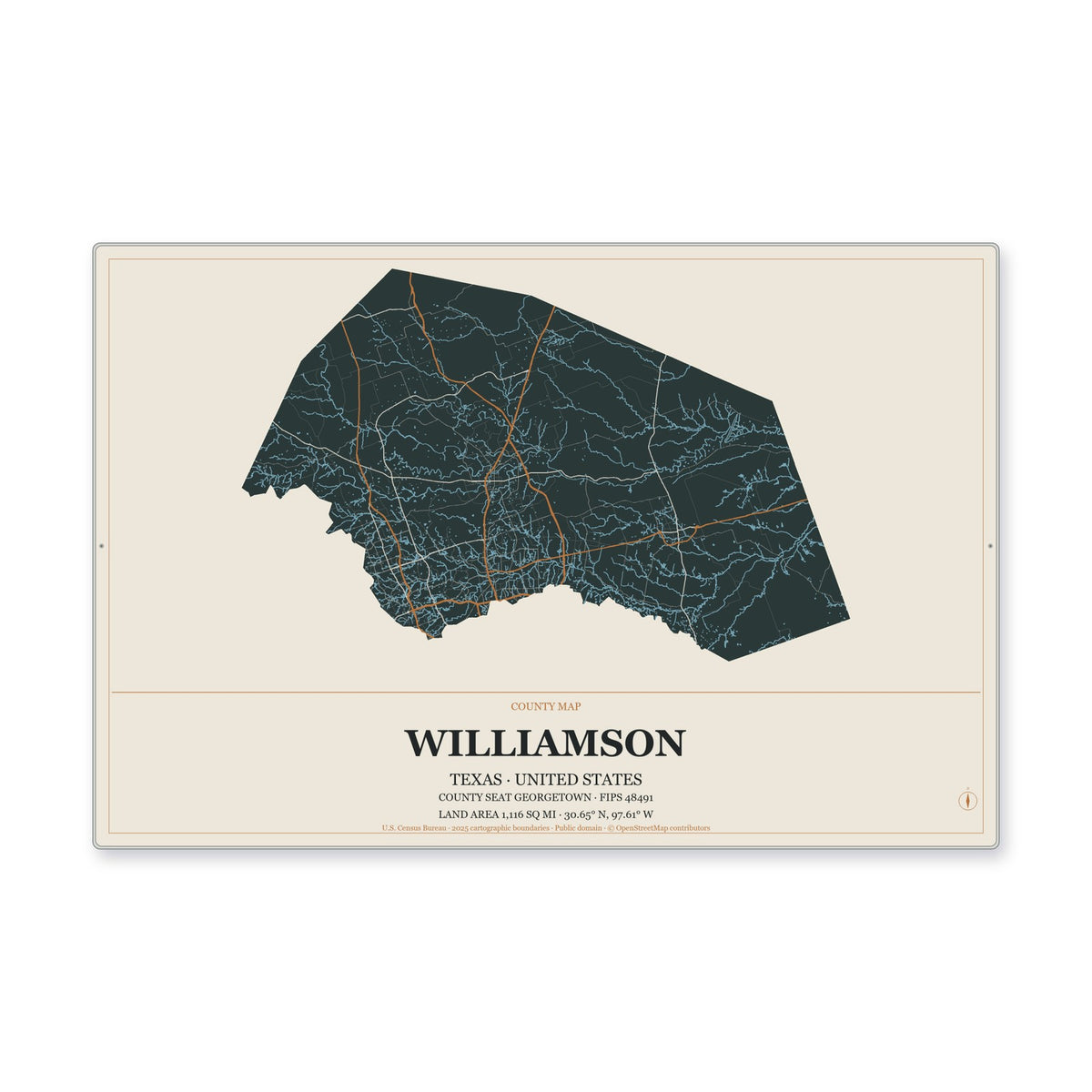 Williamson County, Texas Map Aluminum Sign in Headline Atlas style