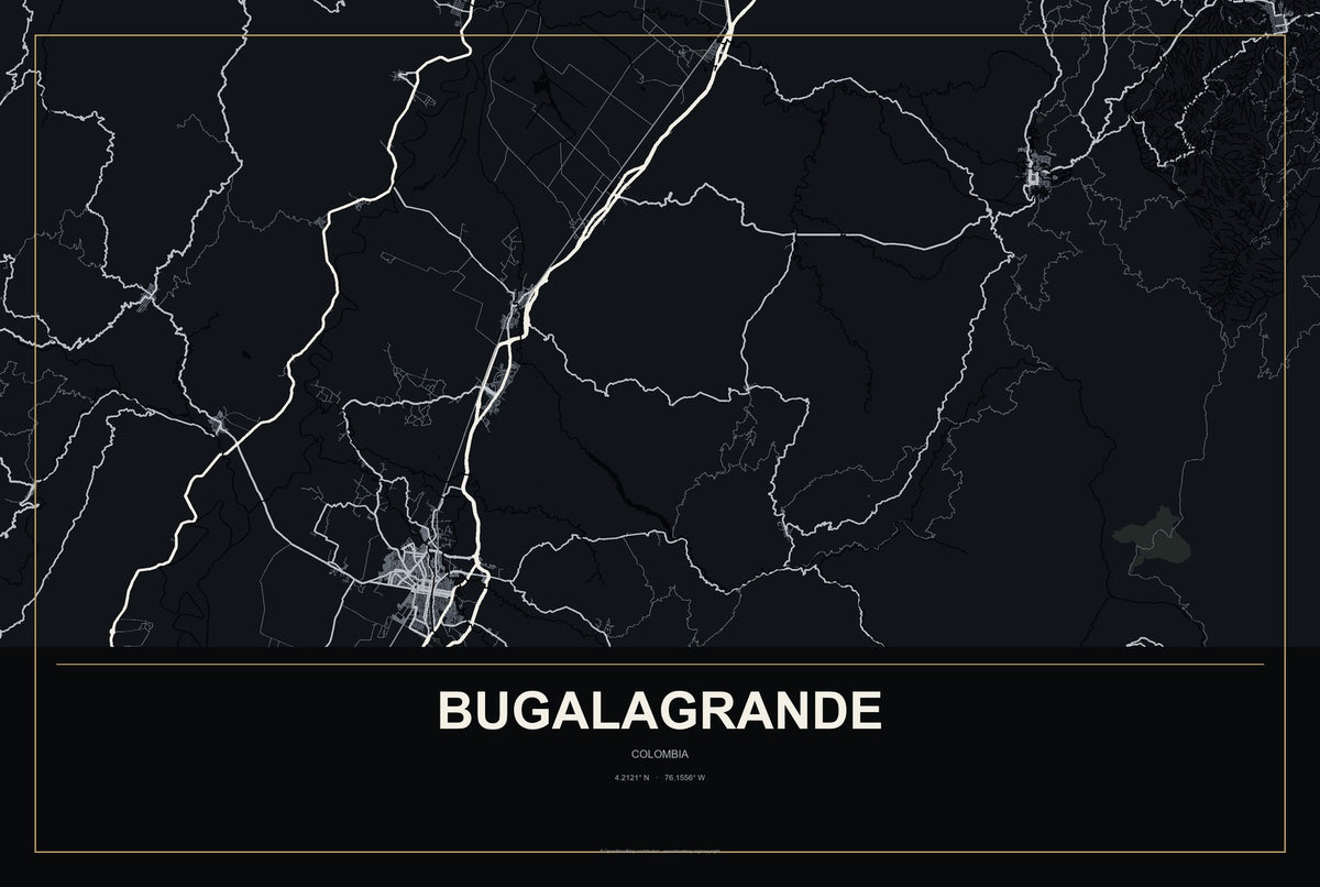 Bugalagrande, Colombia City Map Aluminum Sign in Metropolitan Noir style