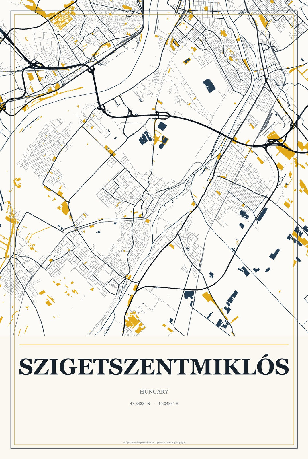 Szigetszentmiklós, Hungary City Map Aluminum Sign in Citrine Modern style