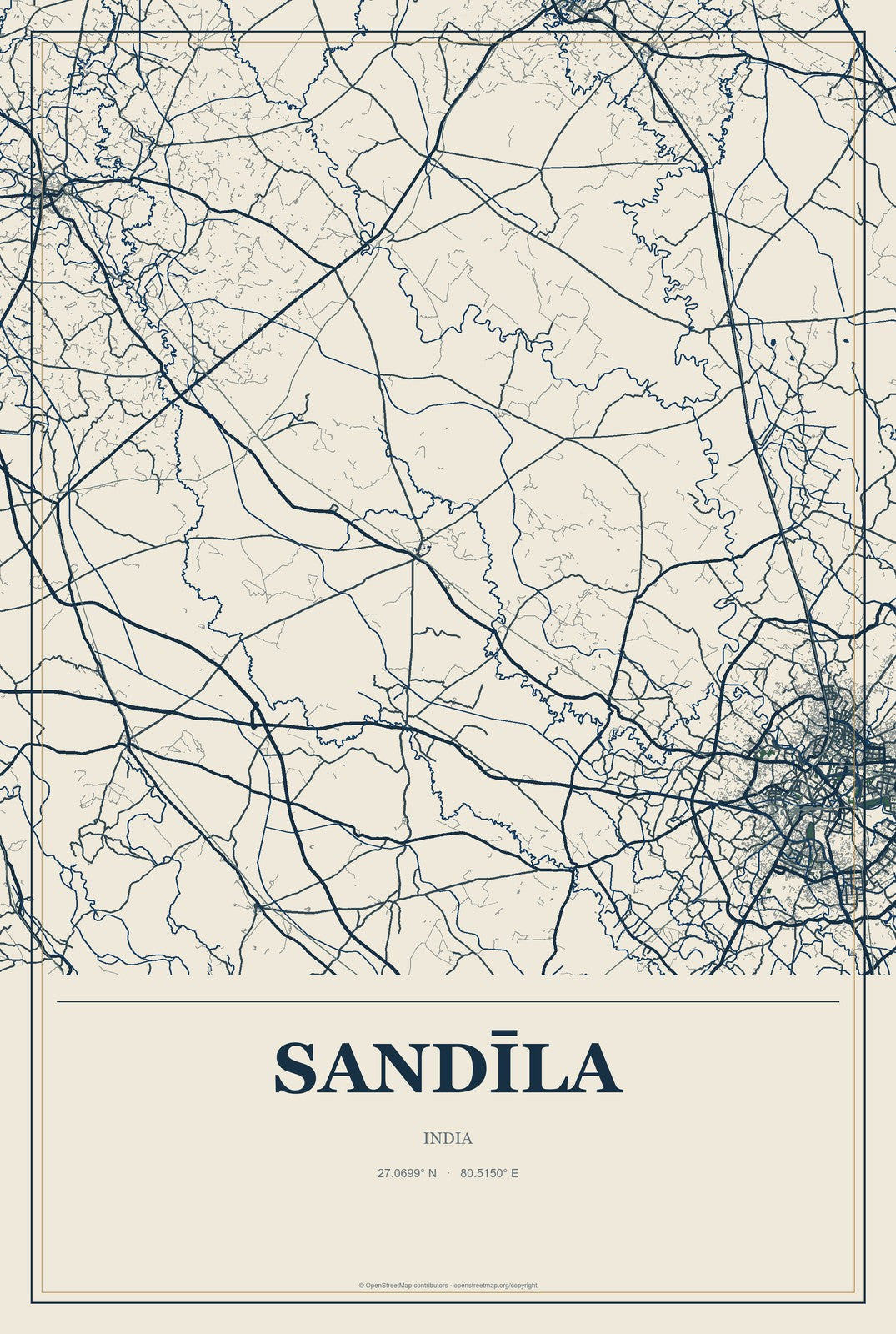 Sandīla, India City Map Aluminum Sign in Coastal Cutout style