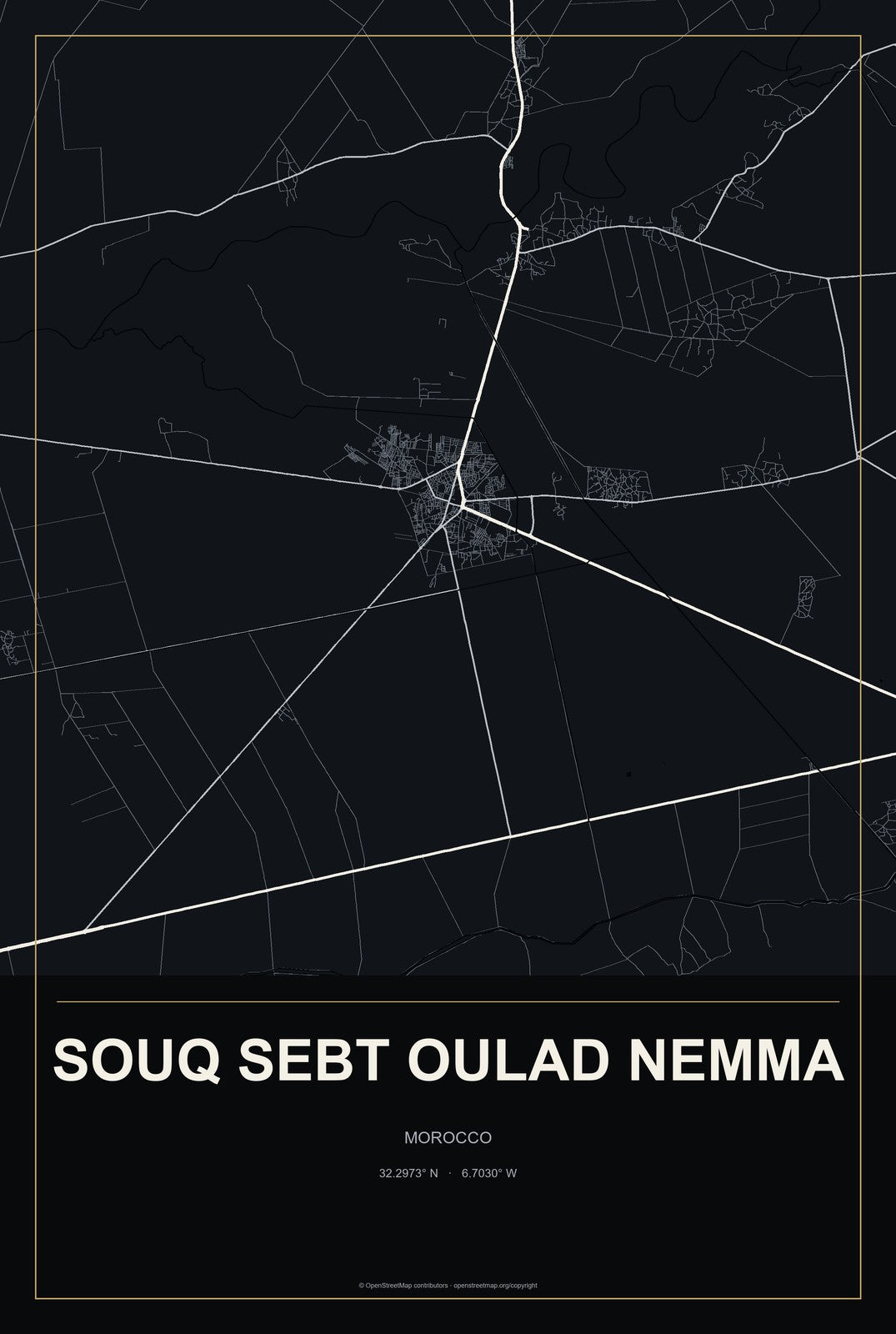 Souq Sebt Oulad Nemma, Morocco City Map Aluminum Sign in Metropolitan Noir style