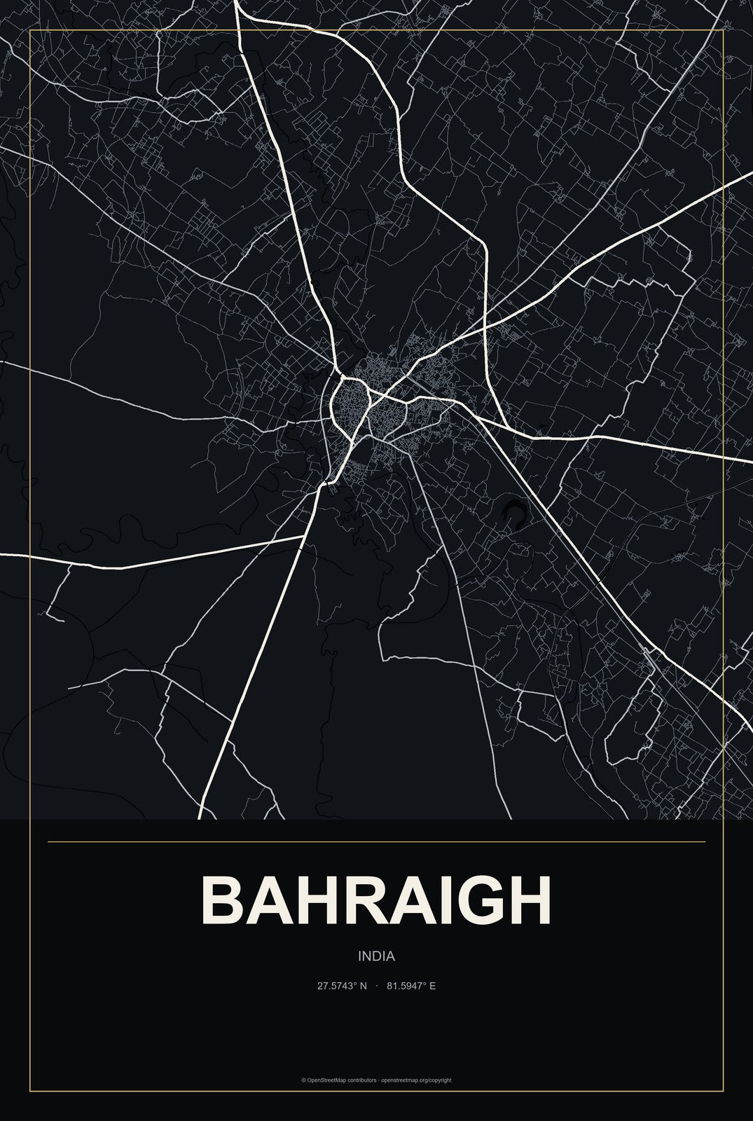 Bahraigh, India City Map Aluminum Sign in Metropolitan Noir style