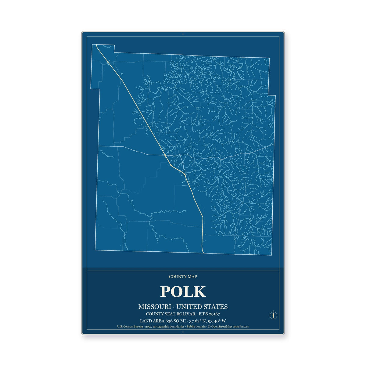 Polk County, Missouri Map Aluminum Sign in Harbor Cobalt style