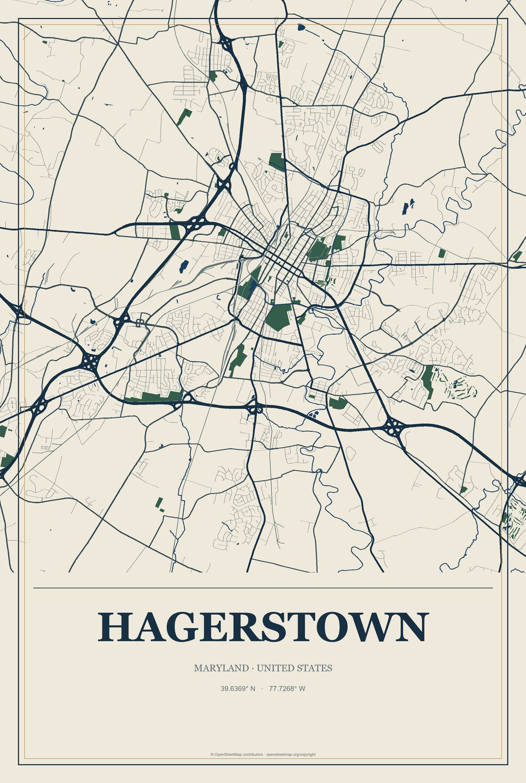 Hagerstown, Maryland City Map Aluminum Sign in Coastal Cutout style