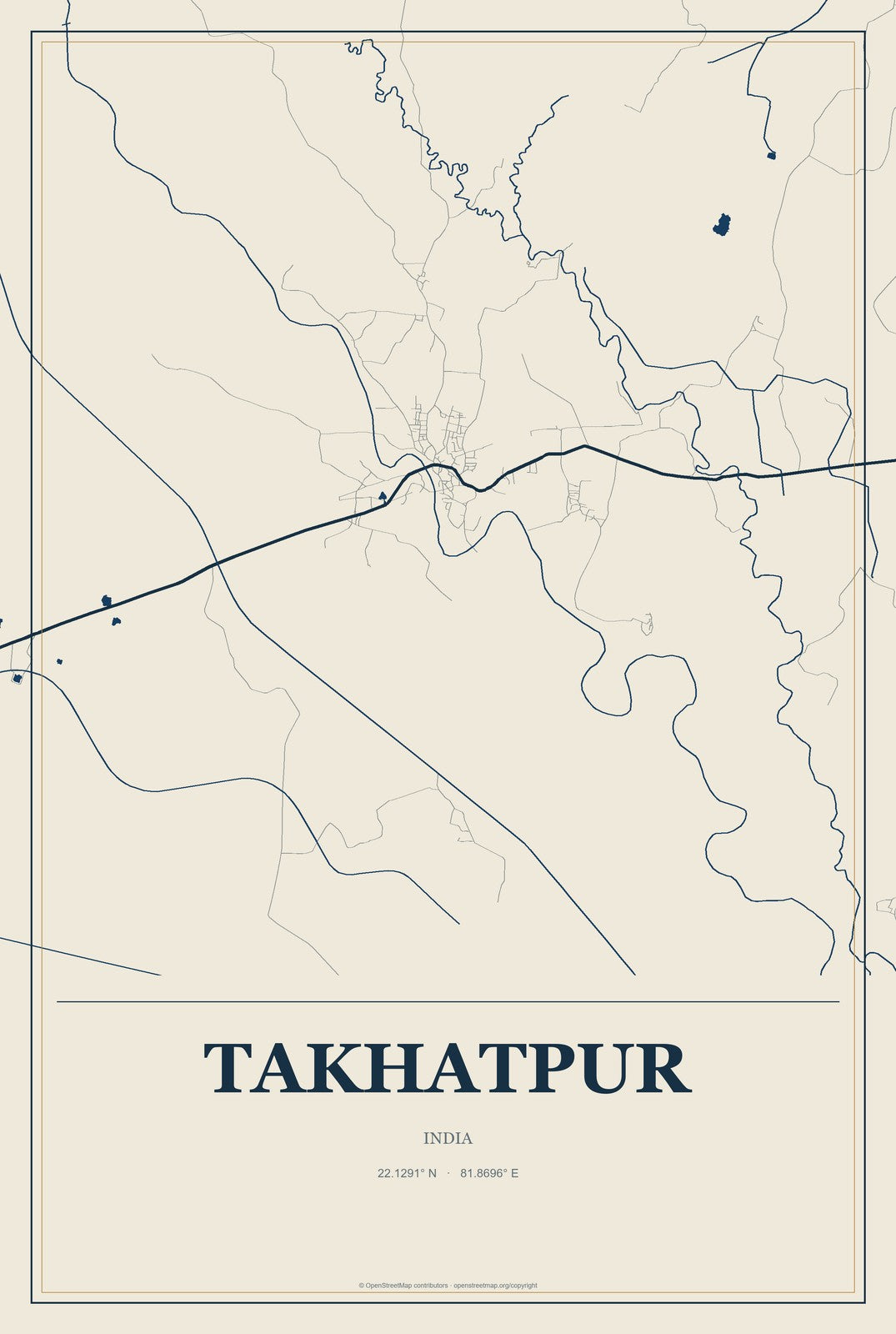 Takhatpur, India City Map Aluminum Sign in Coastal Cutout style