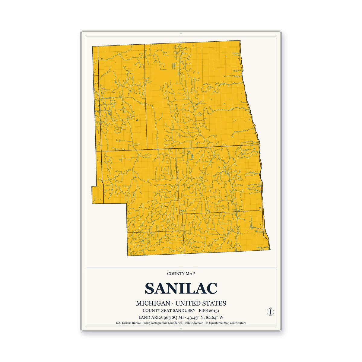Sanilac County, Michigan Map Aluminum Sign in Citrine Modern style