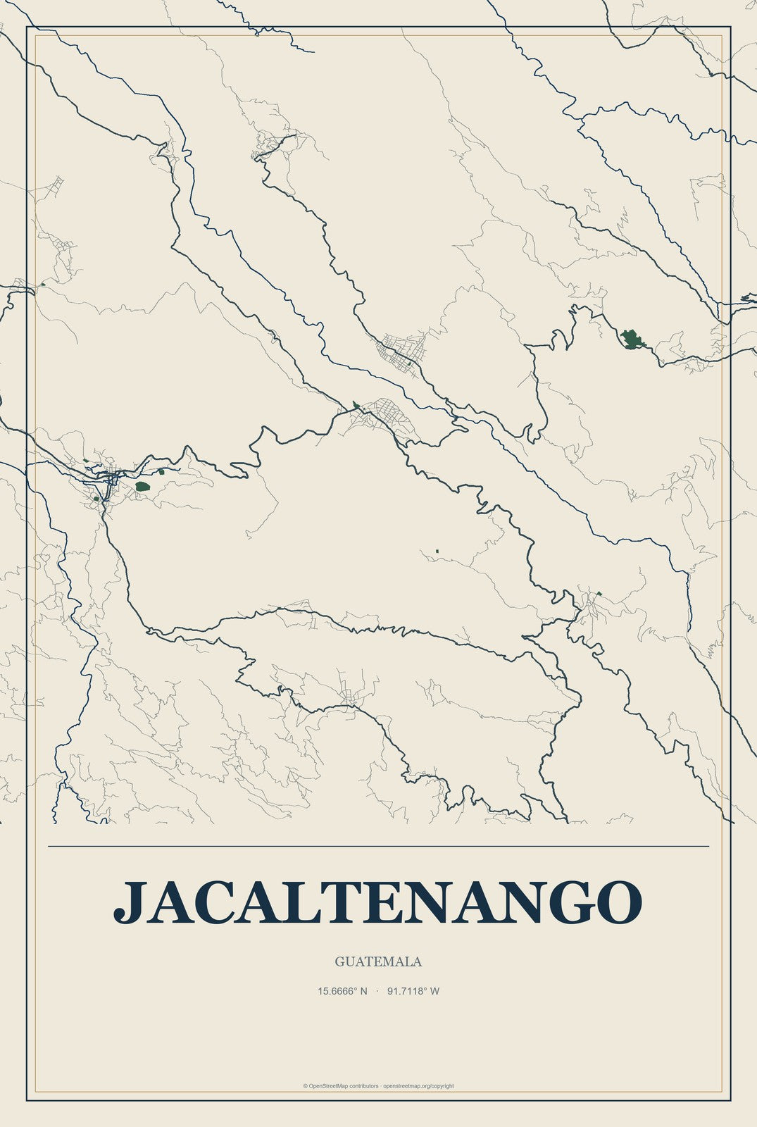 Jacaltenango, Guatemala City Map Aluminum Sign in Coastal Cutout style