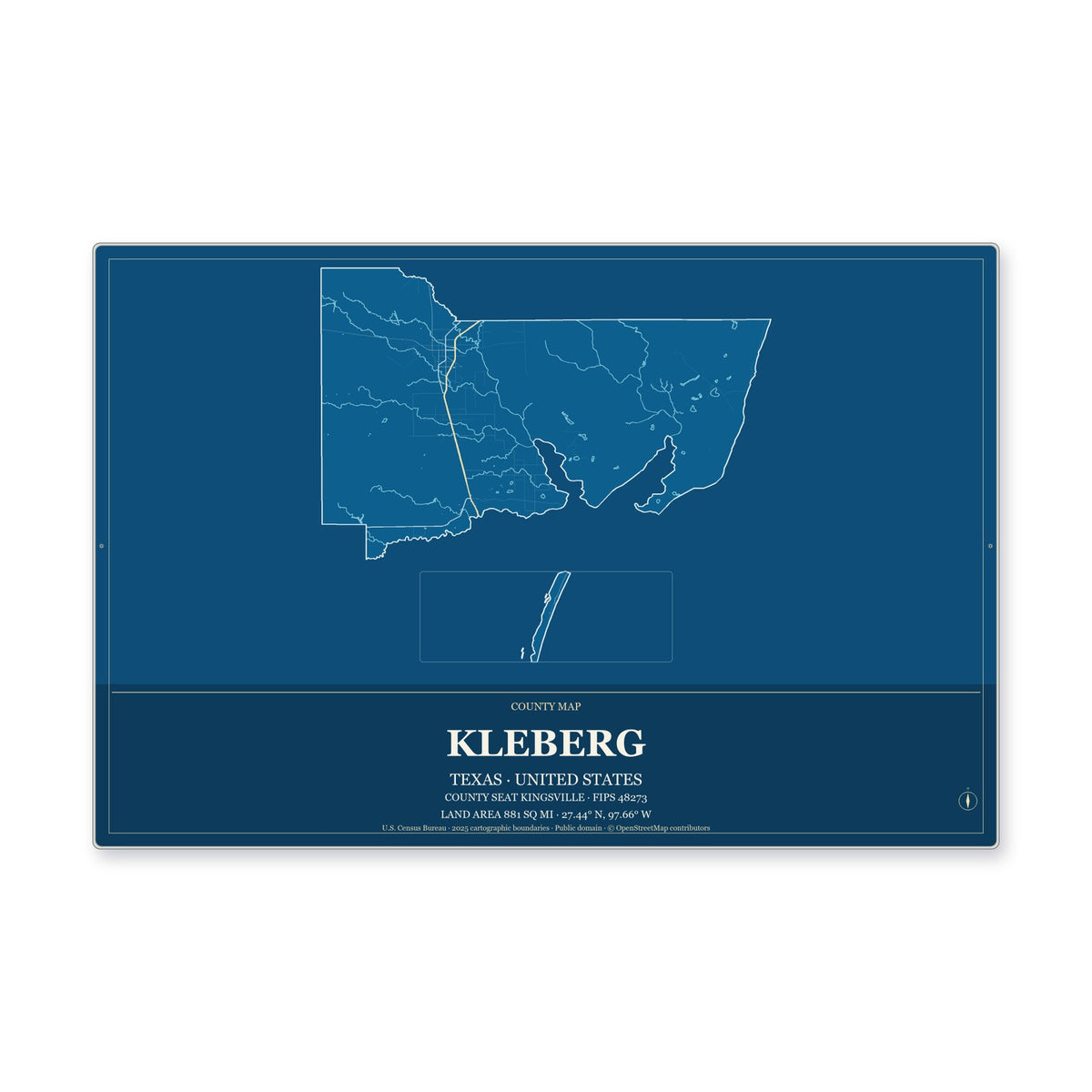 Kleberg County, Texas Map Aluminum Sign in Harbor Cobalt style