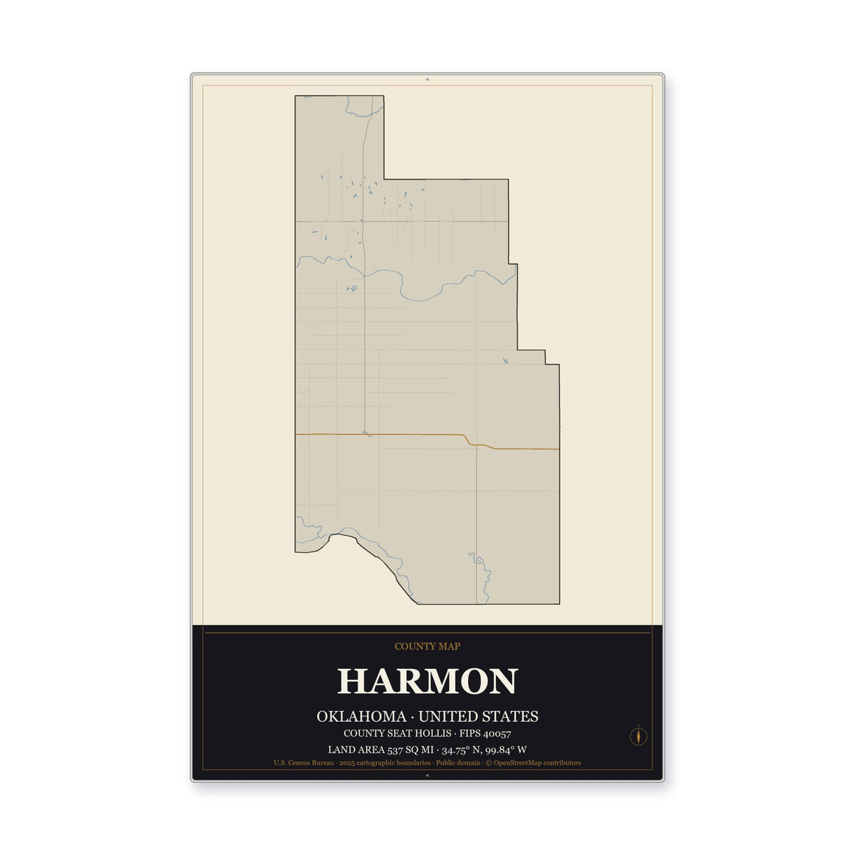 Harmon County, Oklahoma Map Aluminum Sign in Museum Plaque style