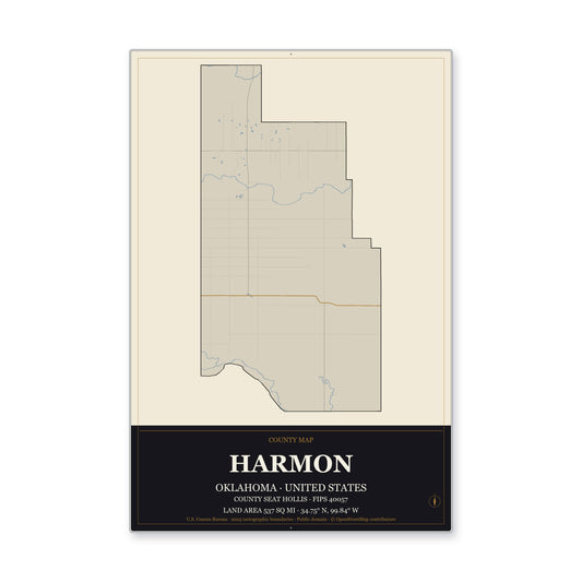 Harmon County, Oklahoma Map Aluminum Sign in Museum Plaque style