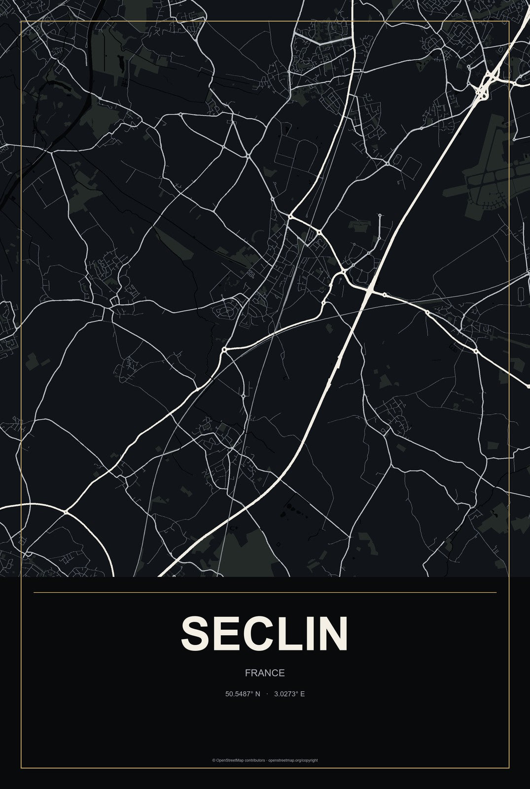 Seclin, France City Map Aluminum Sign in Metropolitan Noir style