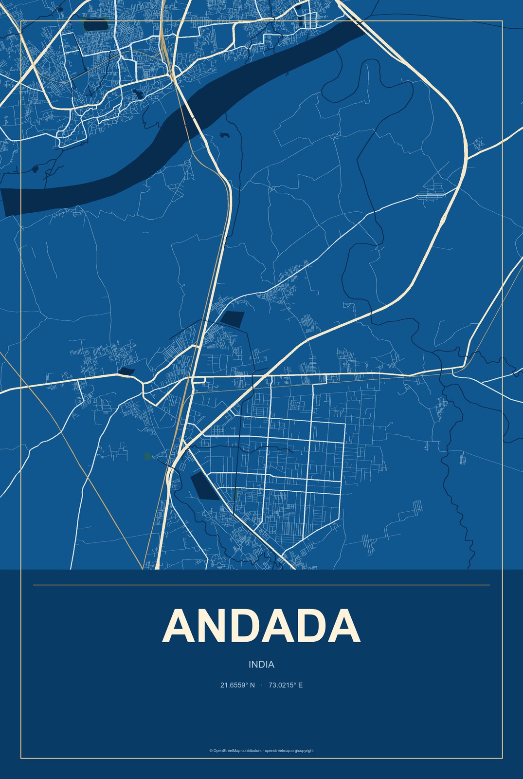 Andada, India City Map Aluminum Sign in Harbor Cobalt style