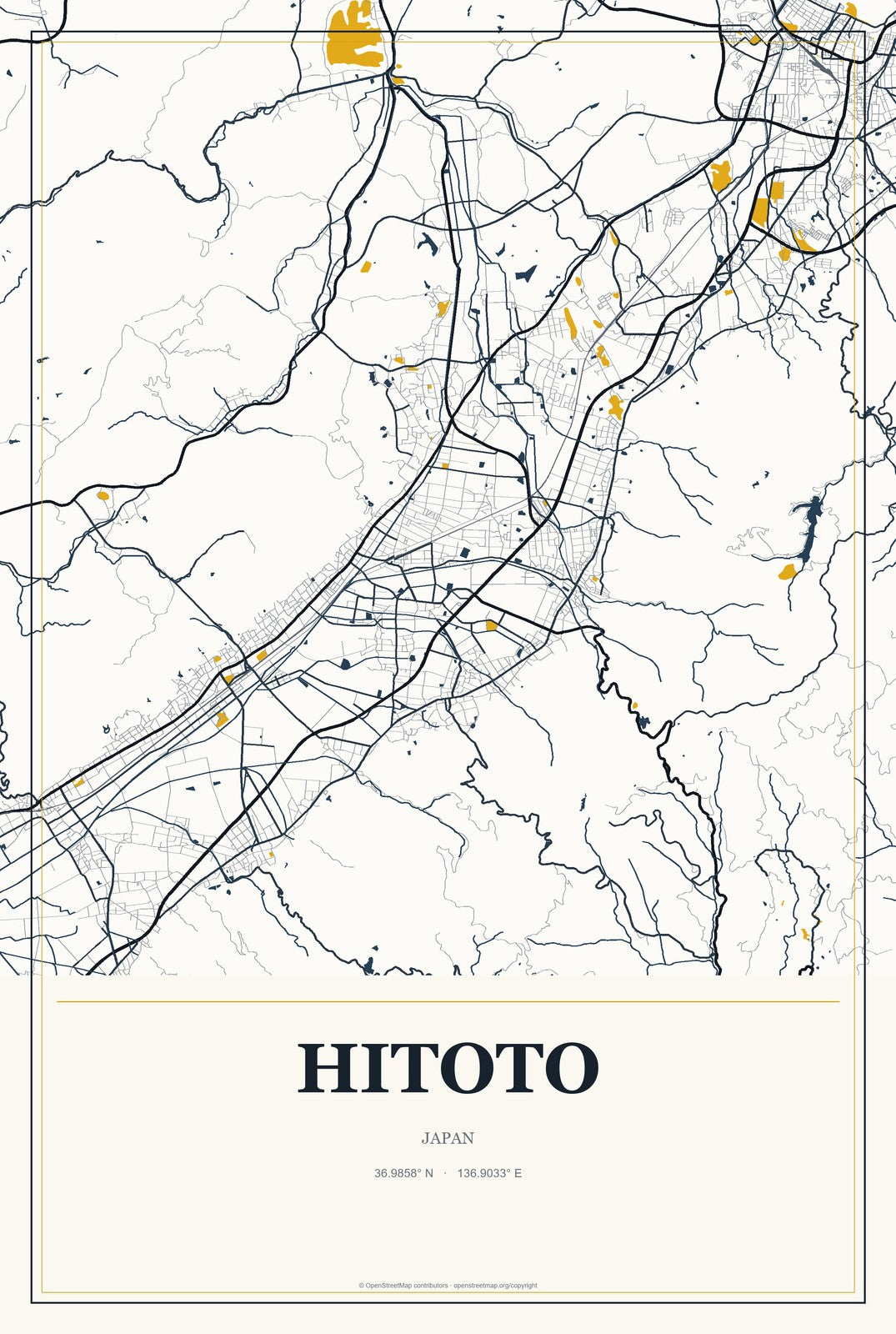 Hitoto, Japan City Map Aluminum Sign in Citrine Modern style