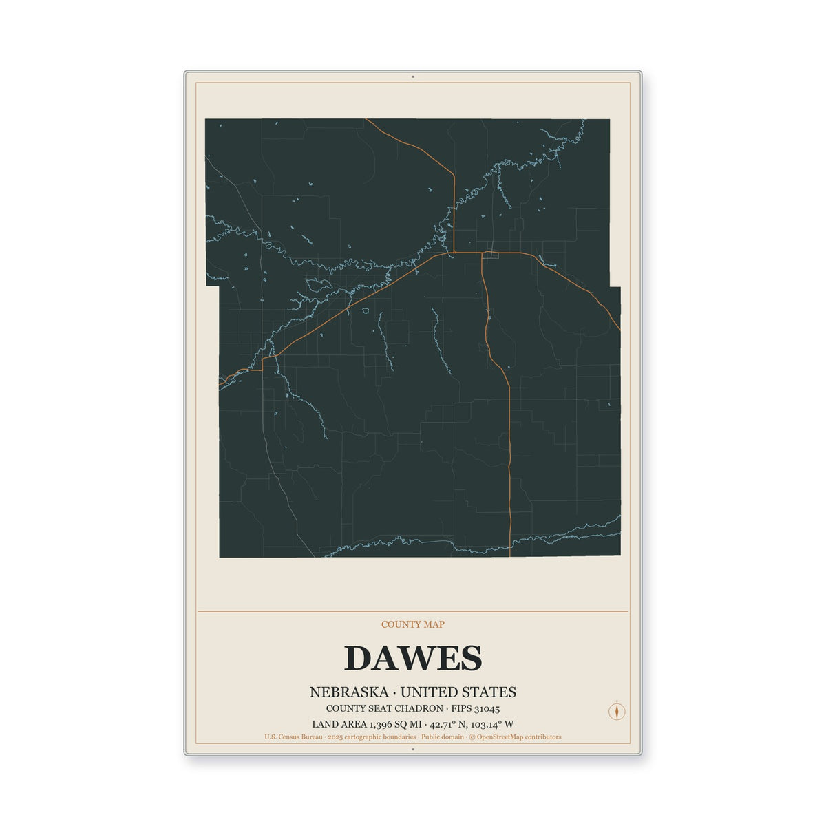 Dawes County, Nebraska Map Aluminum Sign in Headline Atlas style