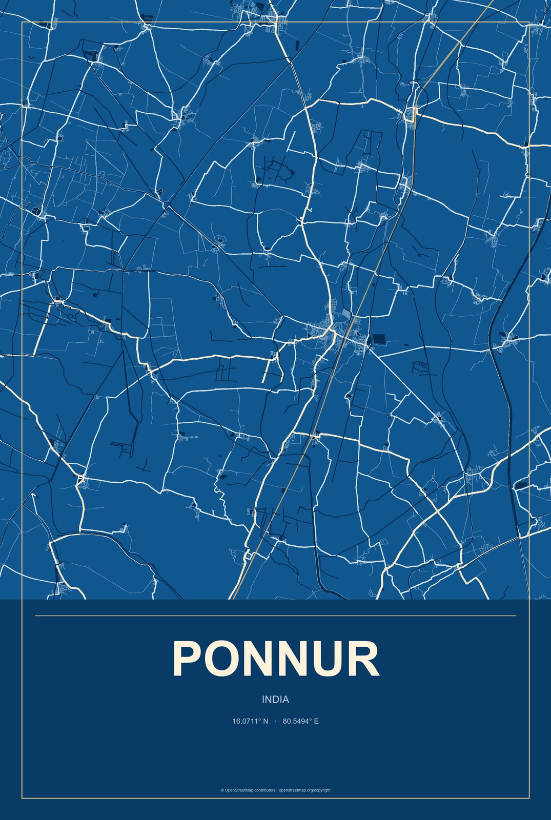 Ponnur, India City Map Aluminum Sign in Harbor Cobalt style