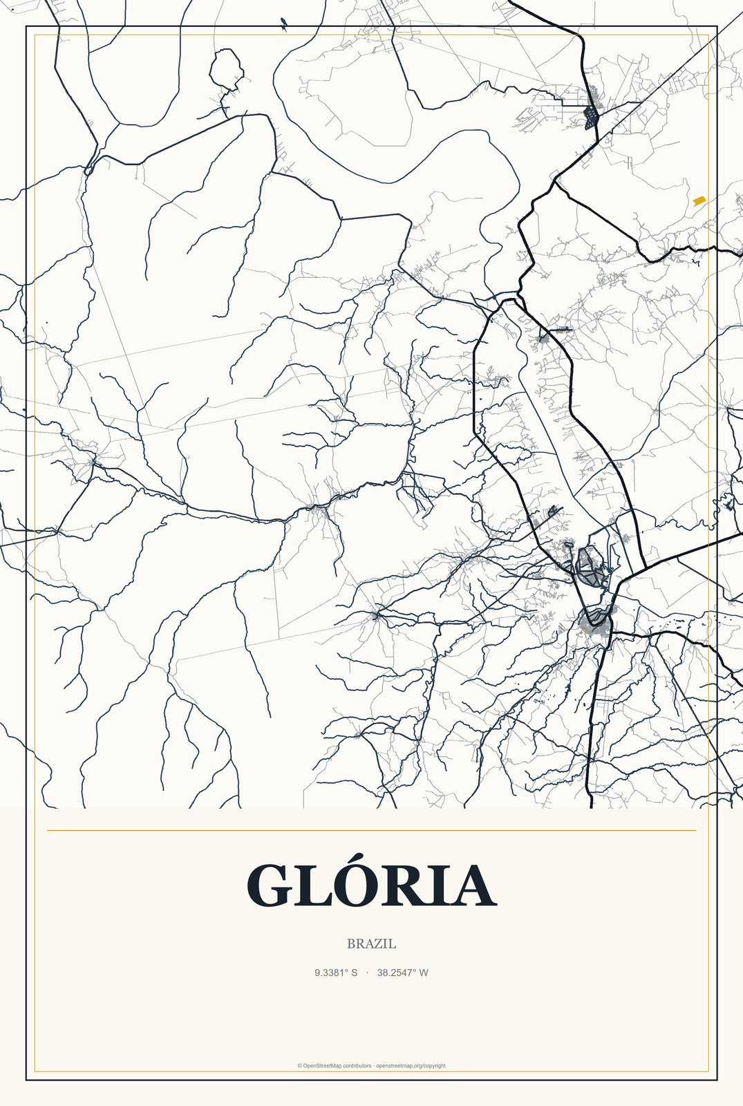 Glória, Brazil City Map Aluminum Sign in Citrine Modern style