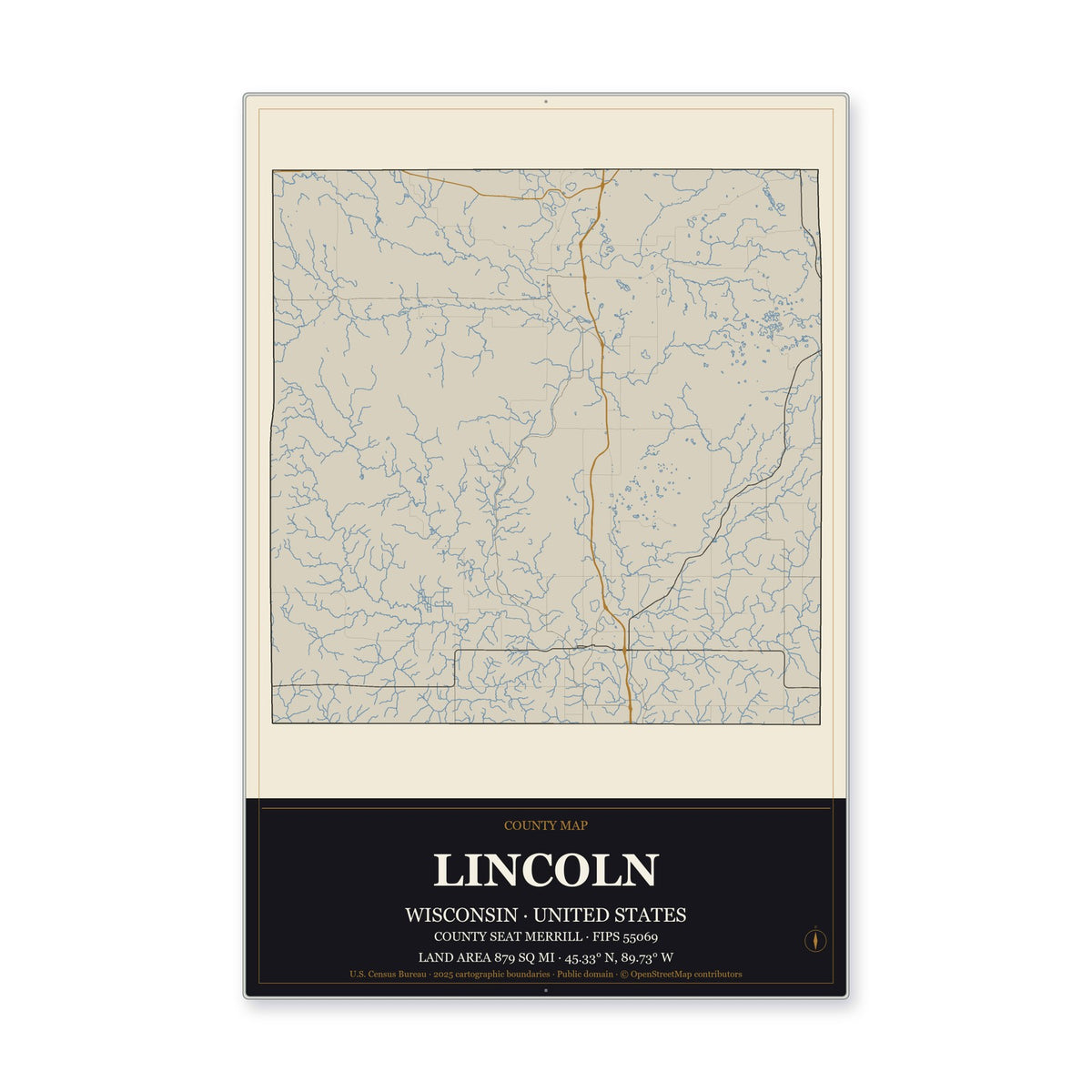 Lincoln County, Wisconsin Map Aluminum Sign in Museum Plaque style