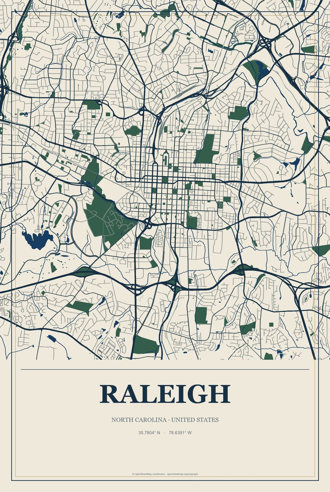 Raleigh, North Carolina City Map Aluminum Sign in Coastal Cutout style