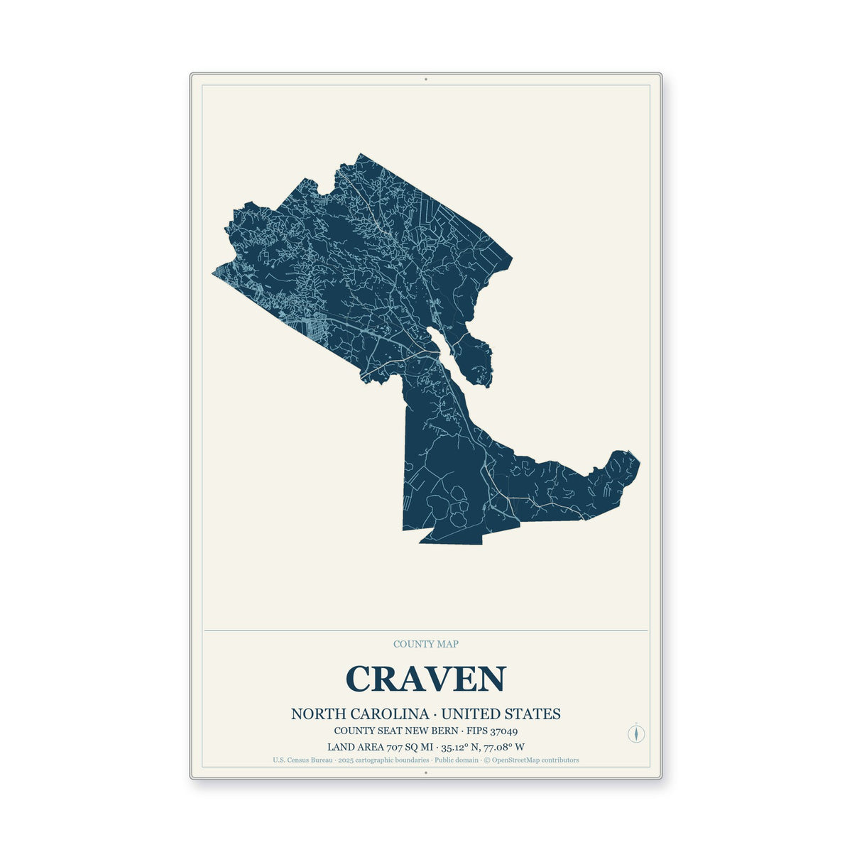 Craven County, North Carolina Map Aluminum Sign in Coastal Cutout style