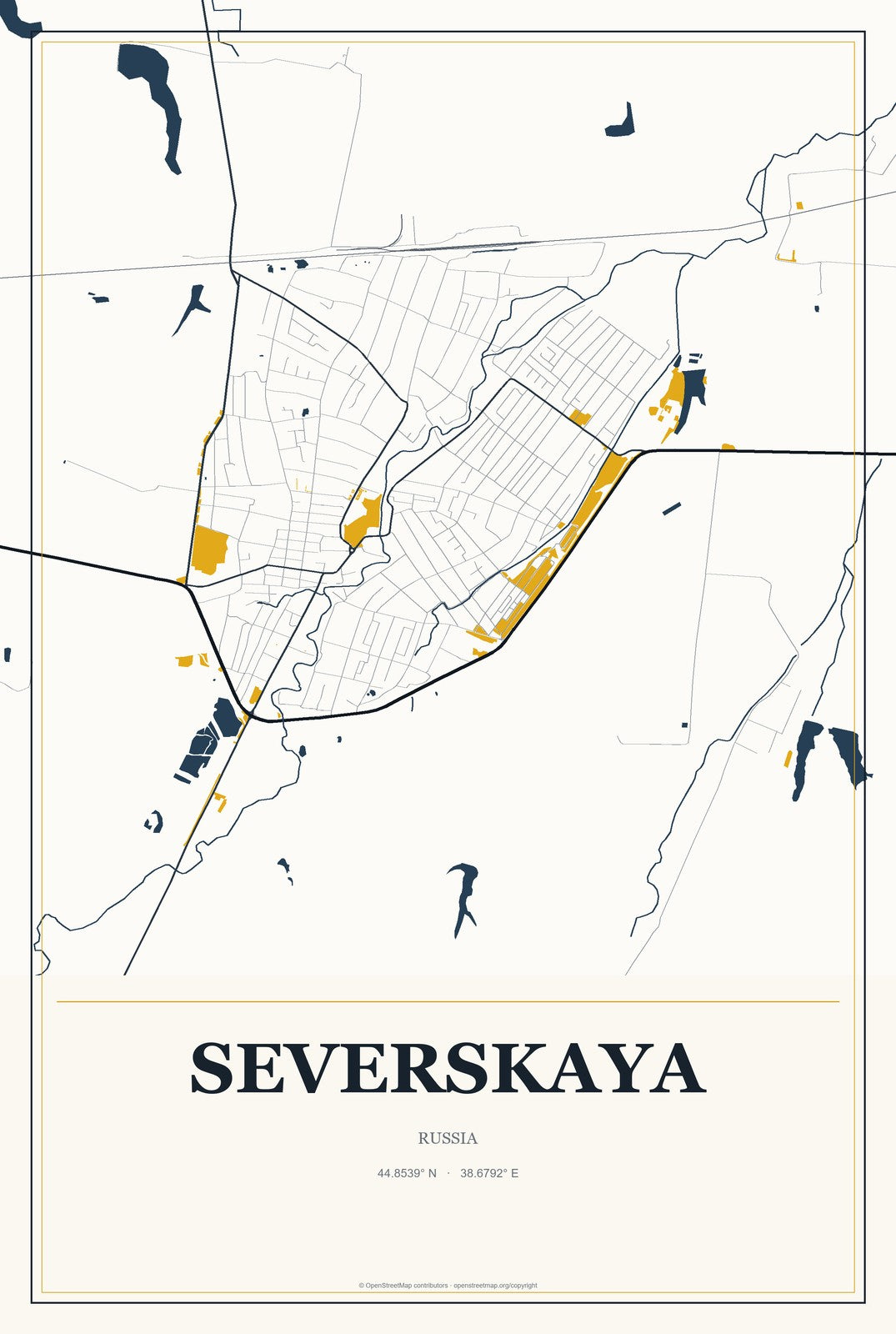 Severskaya, Russia City Map Aluminum Sign in Citrine Modern style
