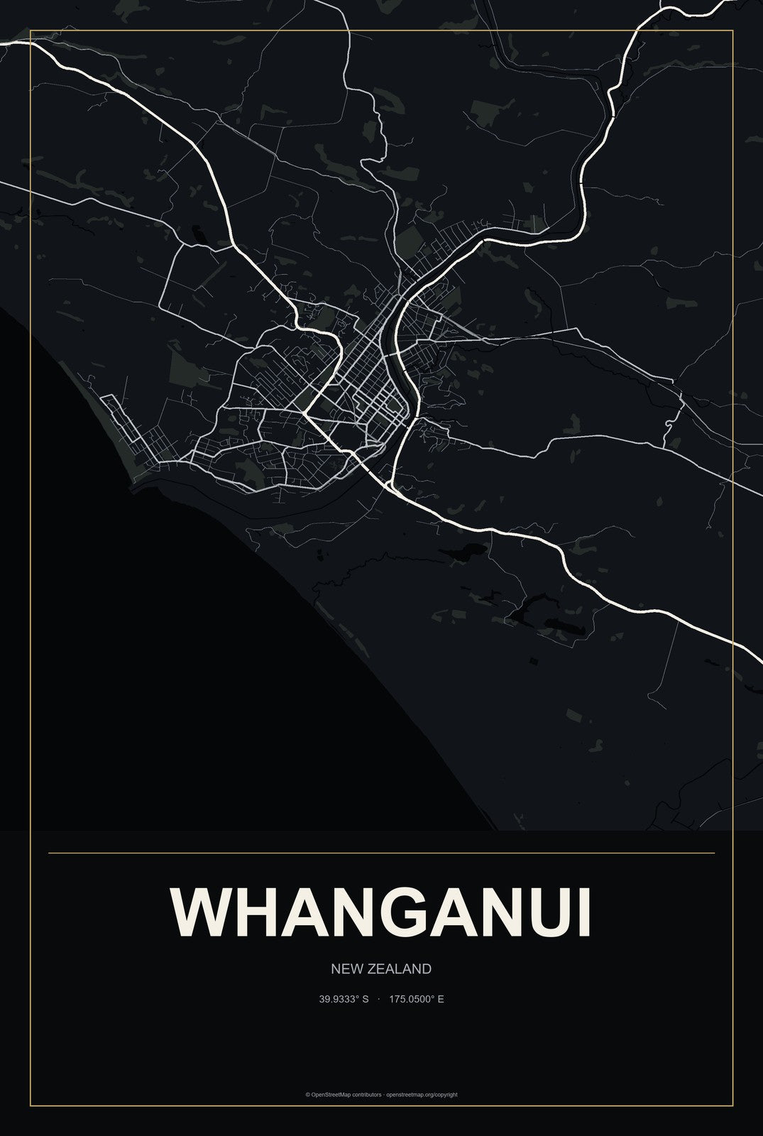 Whanganui, New Zealand City Map Aluminum Sign in Metropolitan Noir style