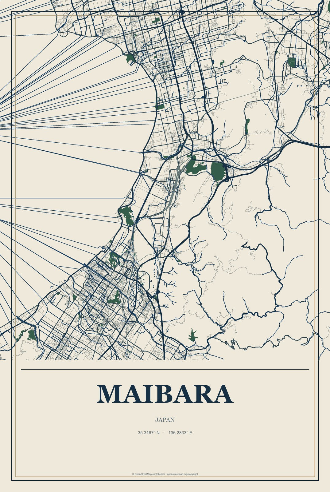 Maibara, Japan City Map Aluminum Sign in Coastal Cutout style