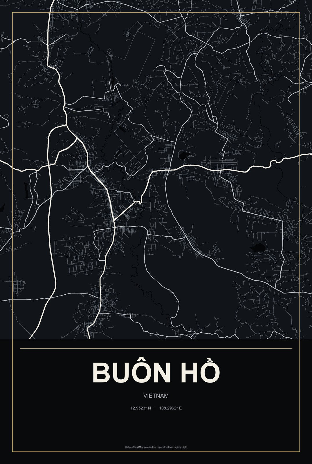 Buôn Hồ, Vietnam City Map Aluminum Sign in Metropolitan Noir style