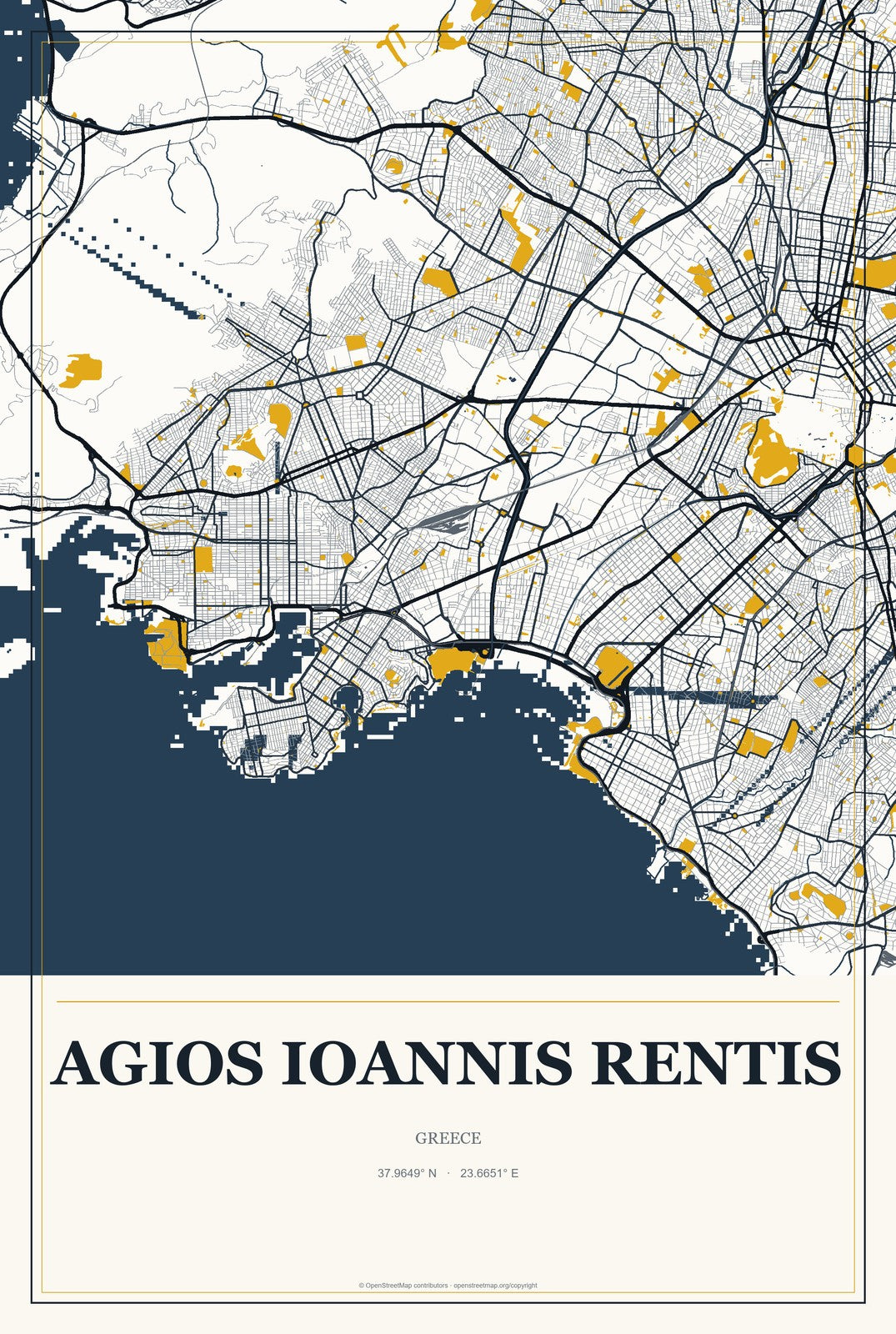 Agios Ioannis Rentis, Greece City Map Aluminum Sign in Citrine Modern style