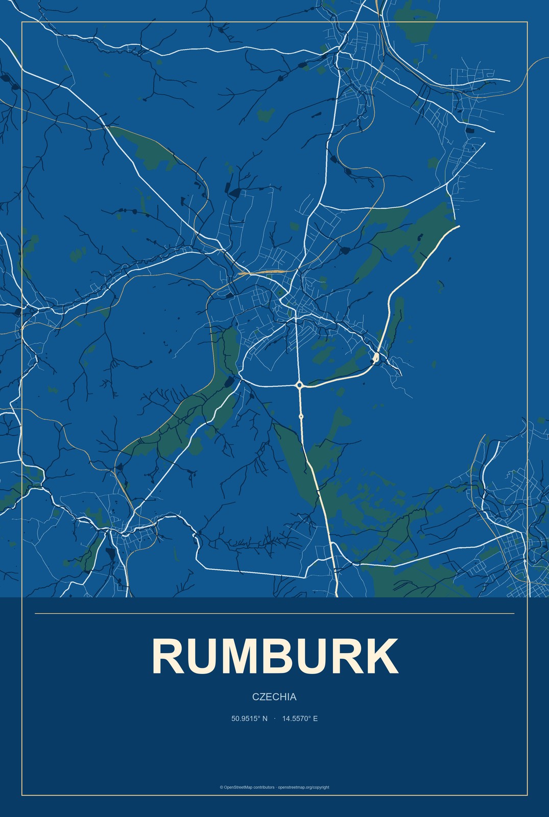 Rumburk, Czechia City Map Aluminum Sign in Harbor Cobalt style