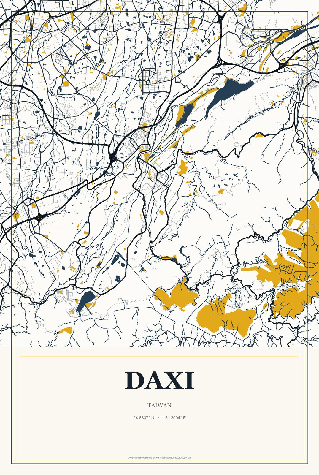 Daxi, Taiwan City Map Aluminum Sign in Citrine Modern style