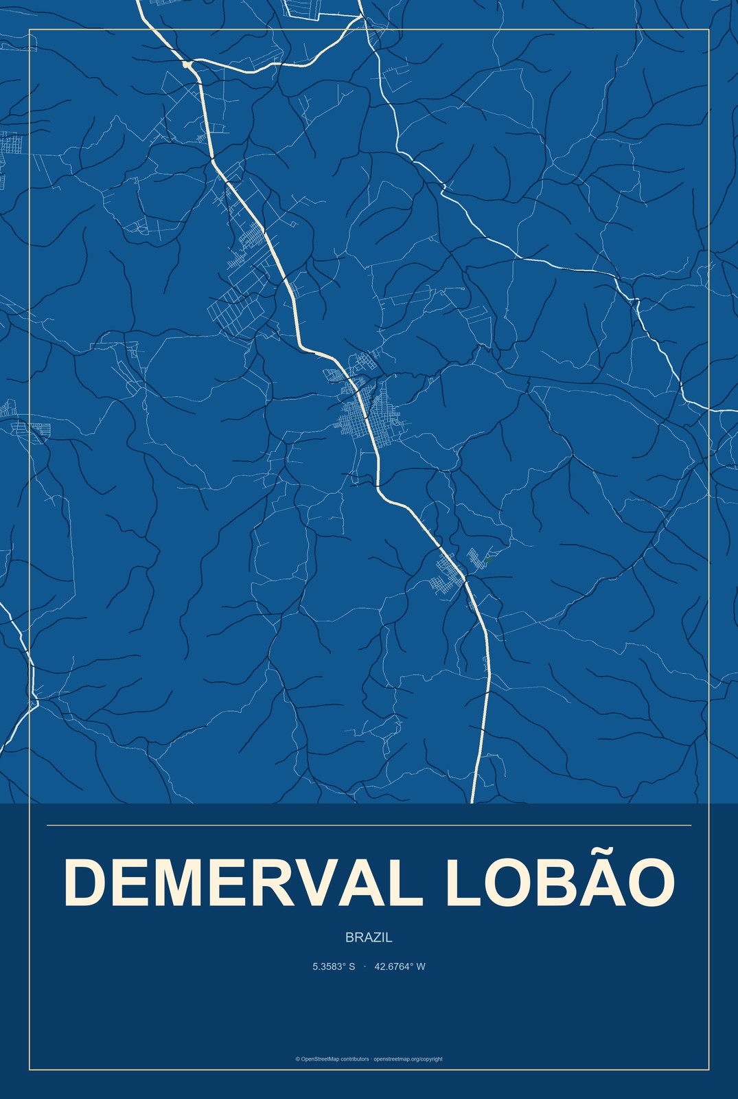Demerval Lobão, Brazil City Map Aluminum Sign in Harbor Cobalt style