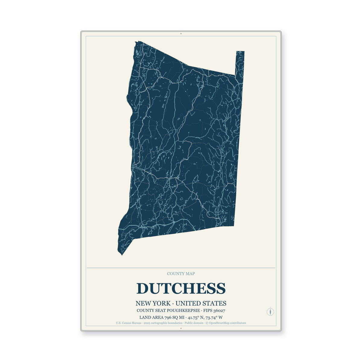 Dutchess County, New York Map Aluminum Sign in Coastal Cutout style