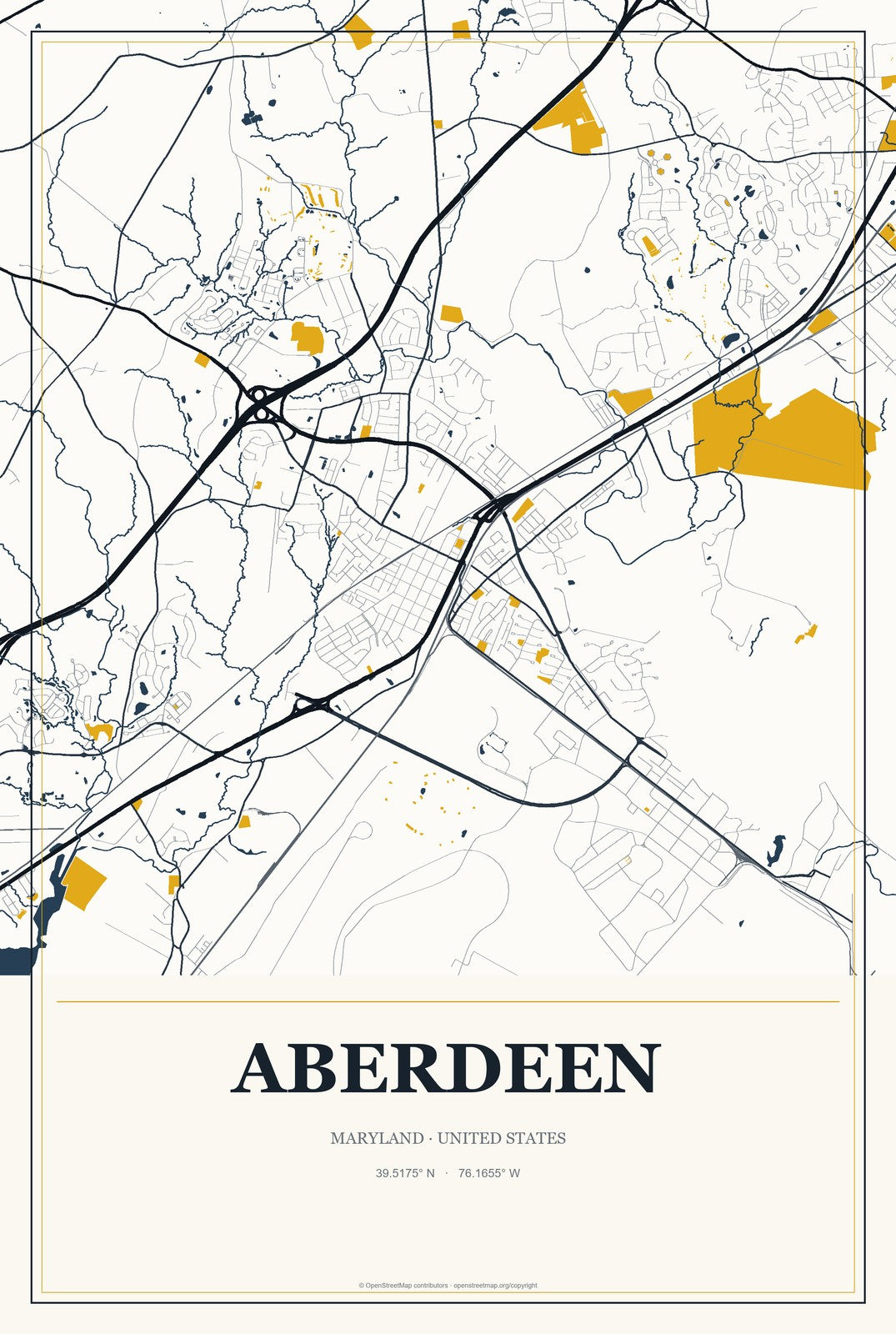 Aberdeen, Maryland City Map Aluminum Sign in Citrine Modern style