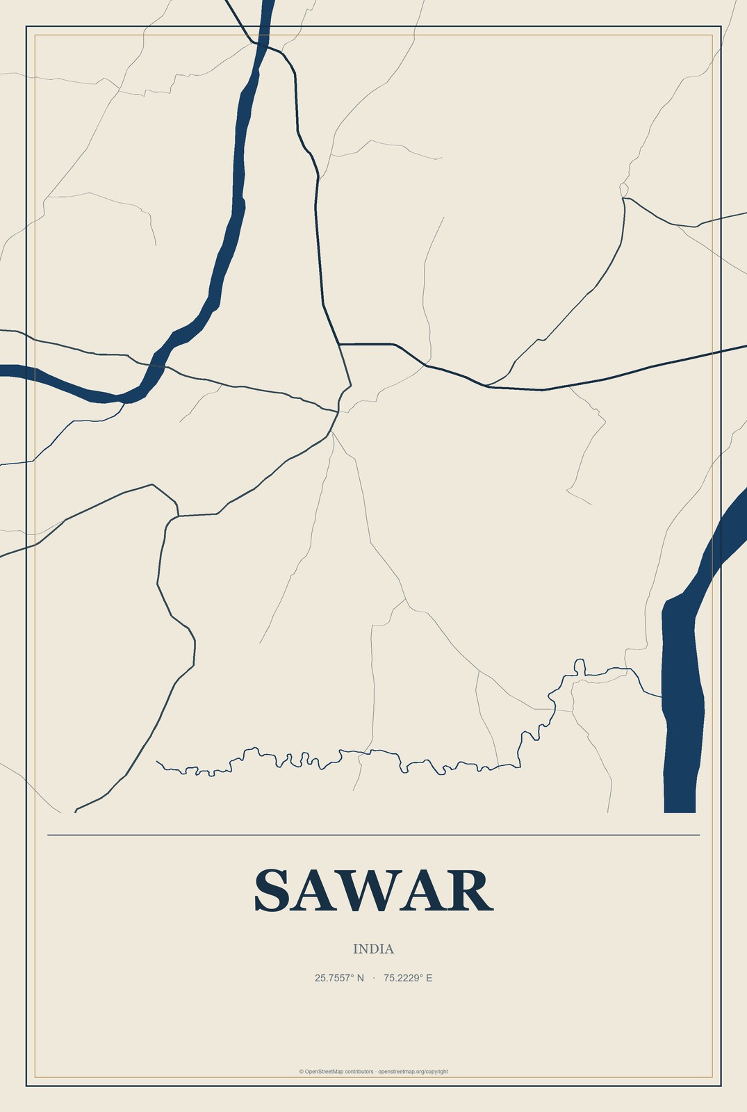 Sawar, India City Map Aluminum Sign in Coastal Cutout style
