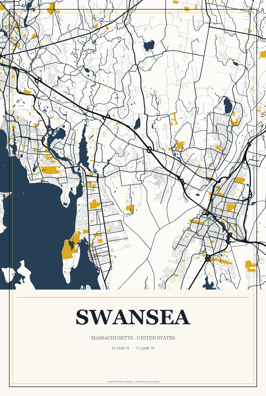 Swansea, Massachusetts City Map Aluminum Sign in Citrine Modern style