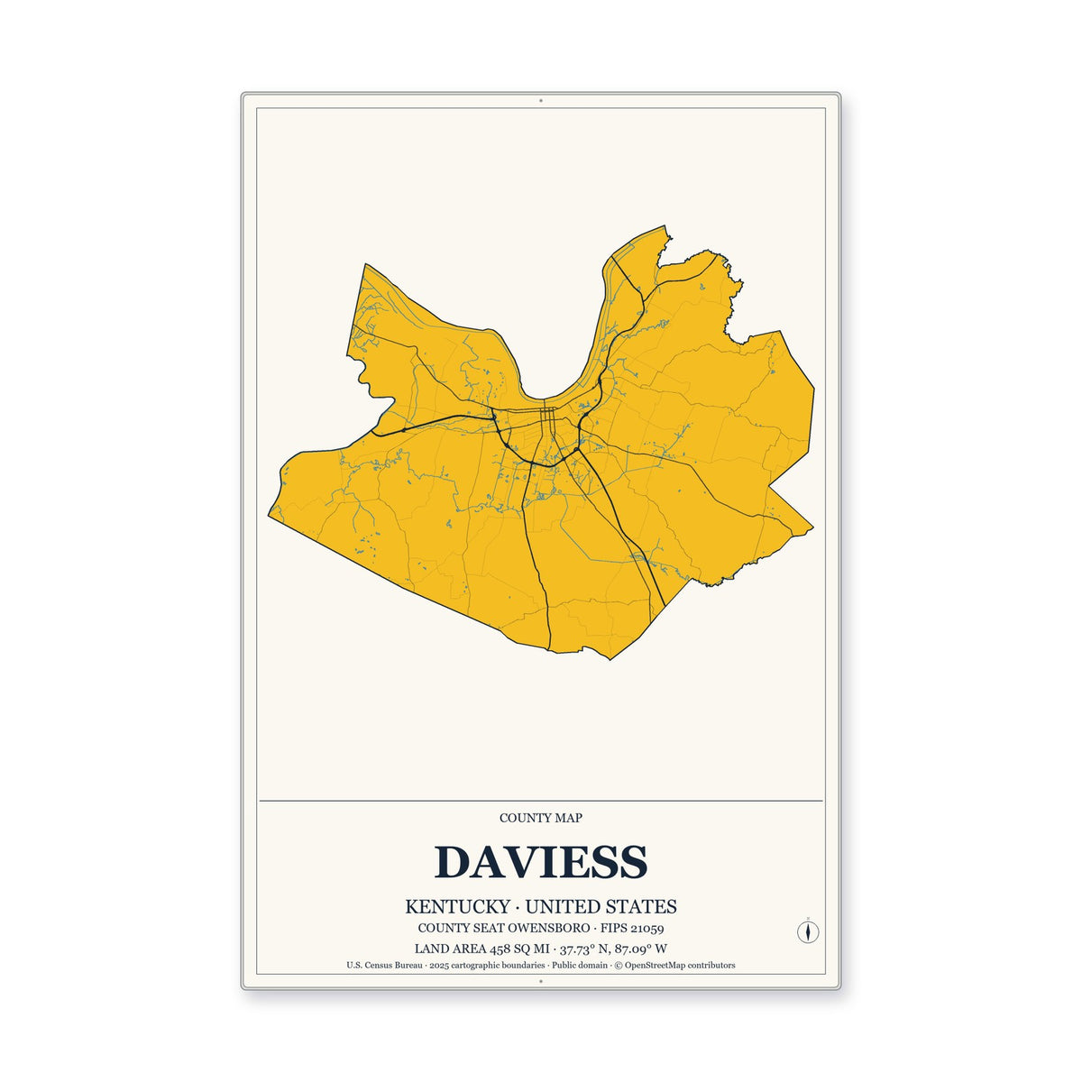 Daviess County, Kentucky Map Aluminum Sign in Citrine Modern style