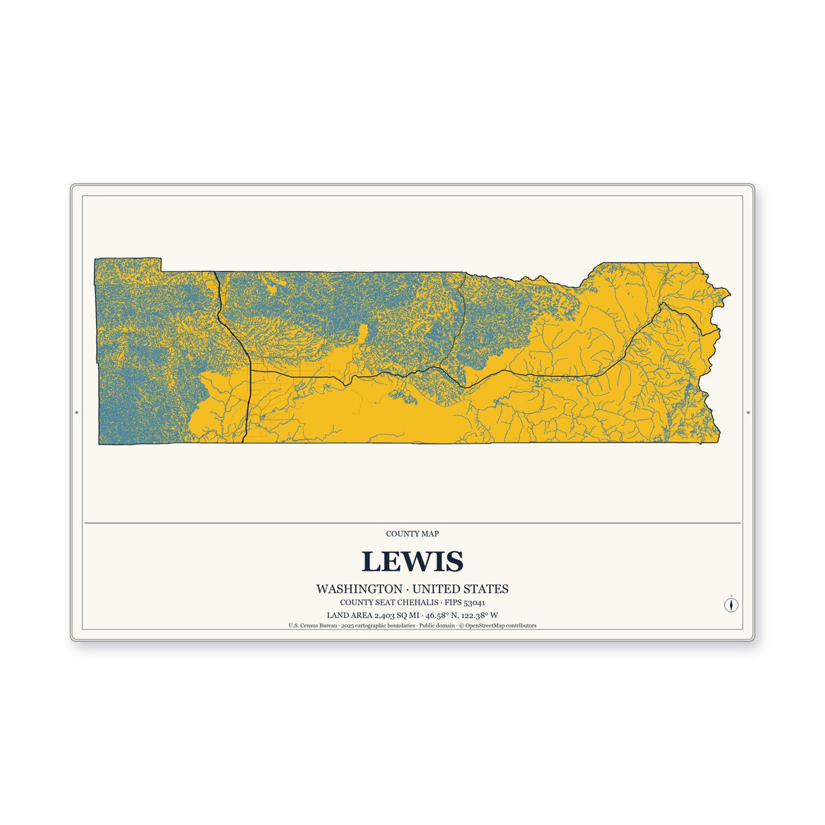 Lewis County, Washington Map Aluminum Sign in Citrine Modern style