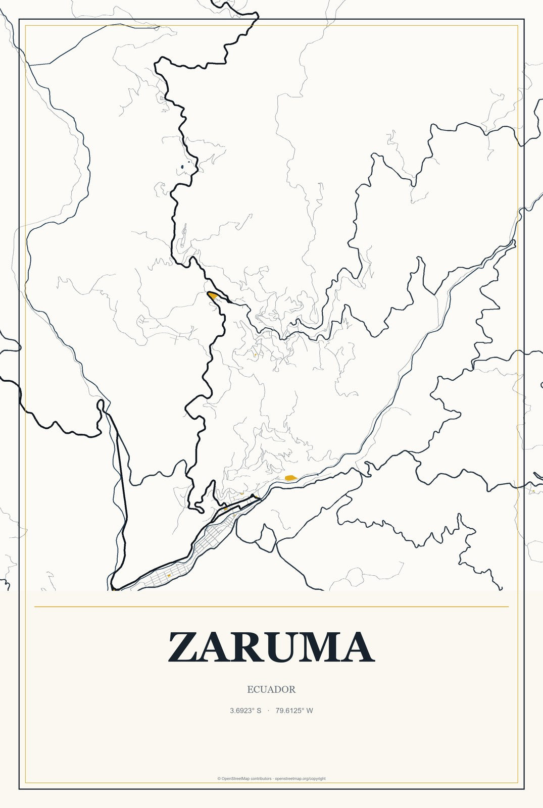 Zaruma, Ecuador City Map Aluminum Sign in Citrine Modern style