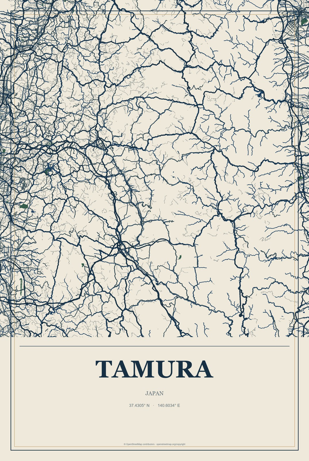 Tamura, Japan City Map Aluminum Sign in Coastal Cutout style