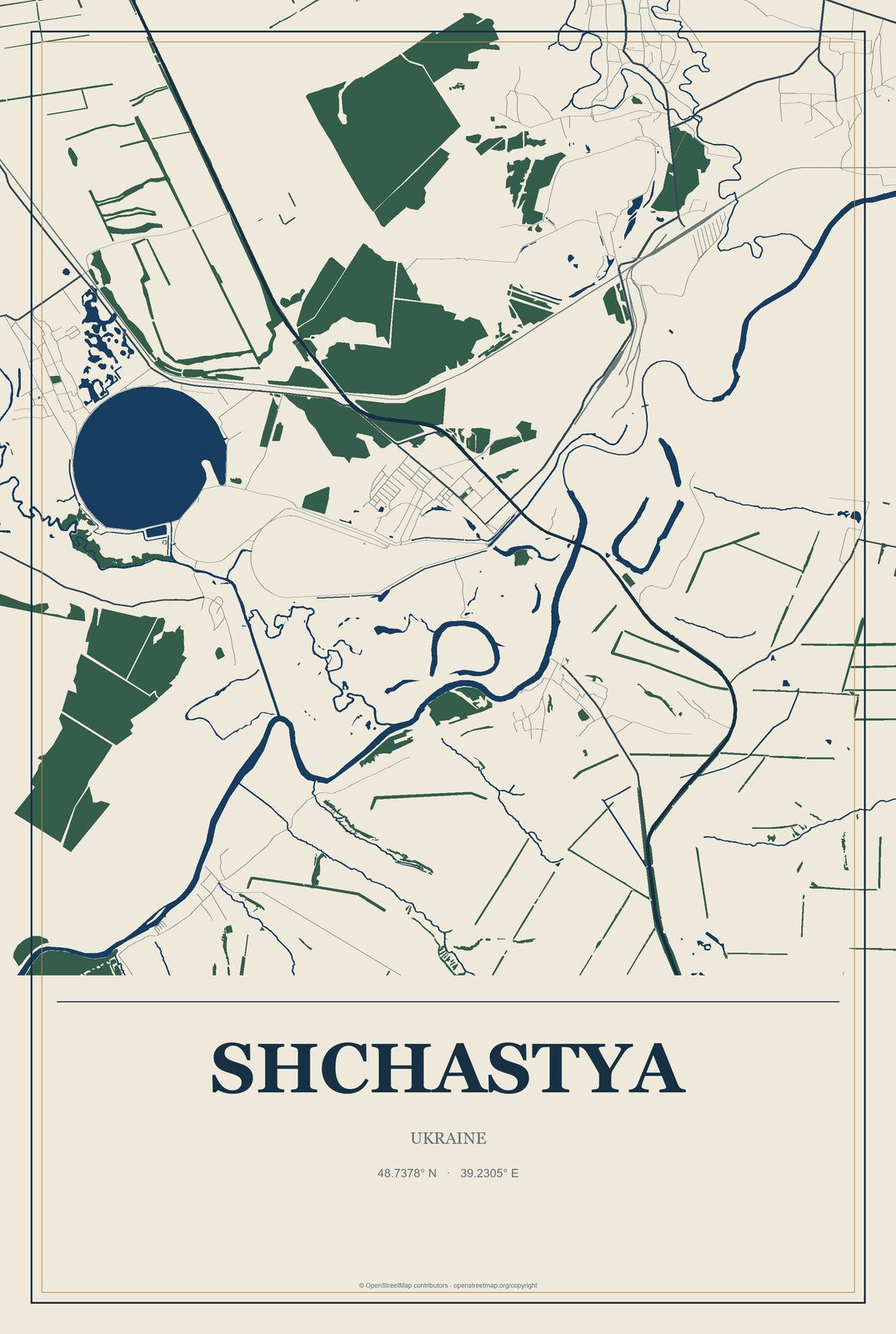 Shchastya, Ukraine City Map Aluminum Sign in Coastal Cutout style