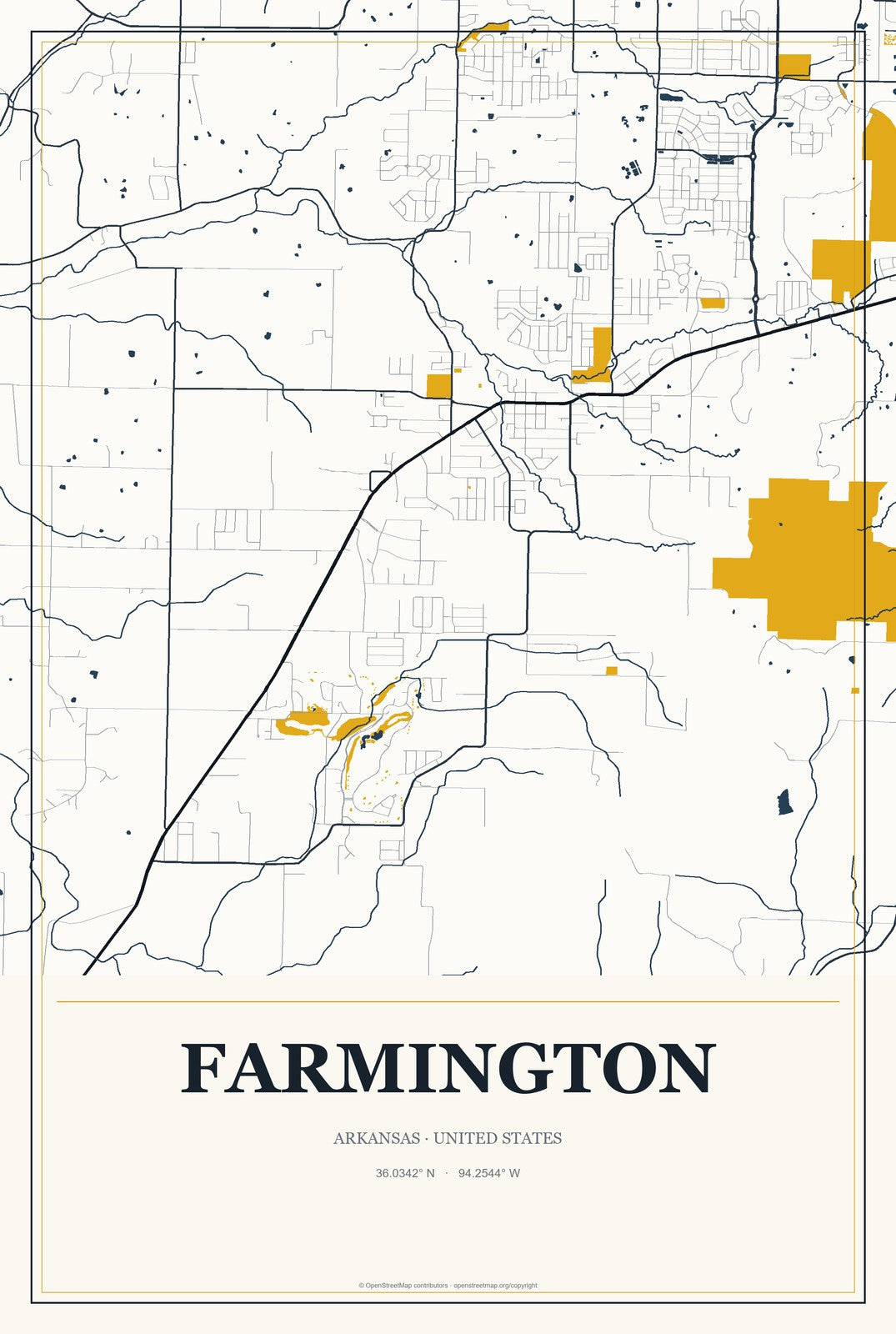 Farmington, Arkansas City Map Aluminum Sign in Citrine Modern style