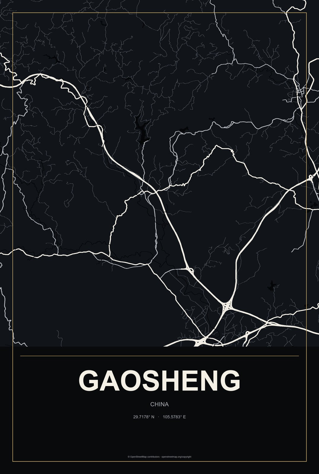 Gaosheng, China City Map Aluminum Sign in Metropolitan Noir style