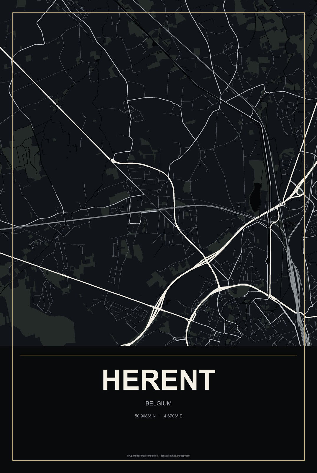 Herent, Belgium City Map Aluminum Sign in Metropolitan Noir style