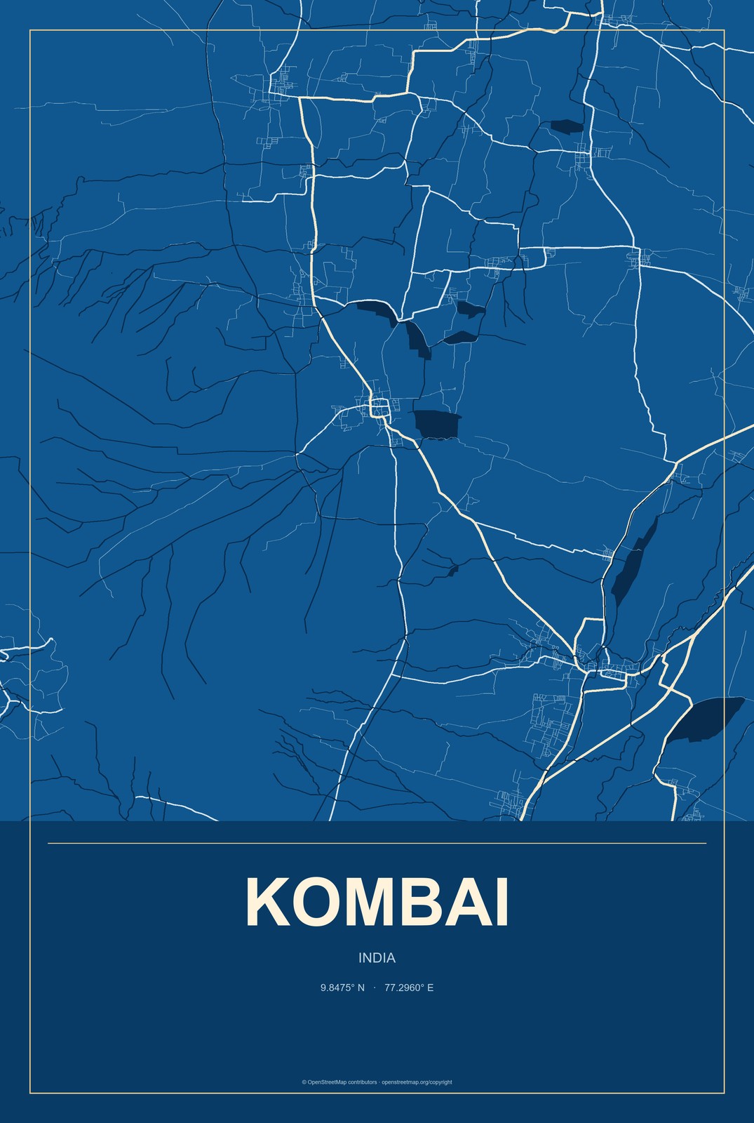 Kombai, India City Map Aluminum Sign in Harbor Cobalt style