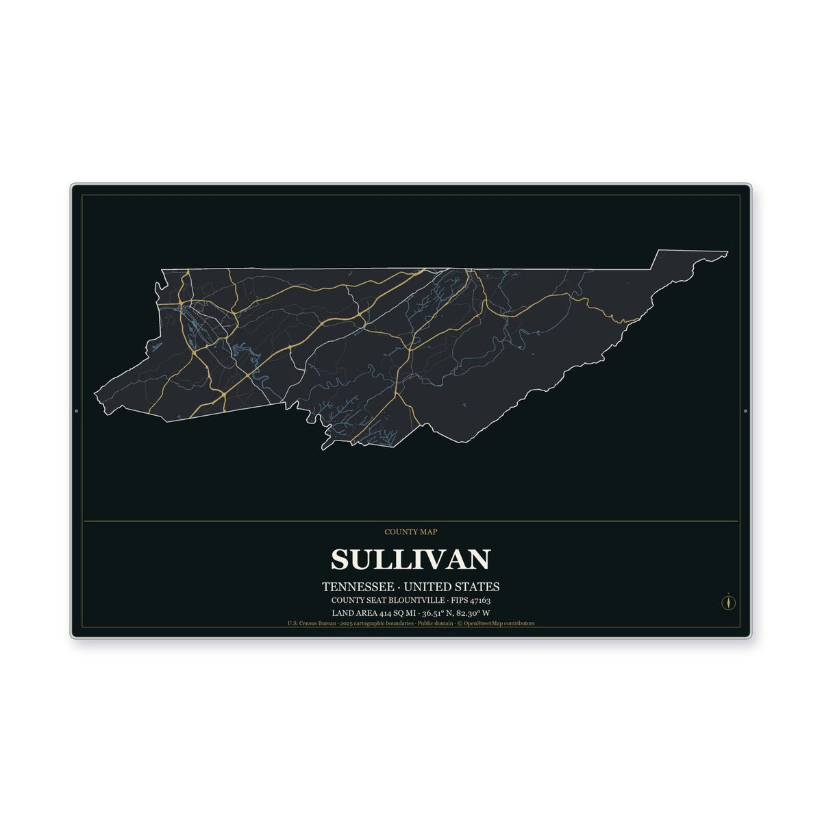Sullivan County, Tennessee Map Aluminum Sign in Metropolitan Noir style