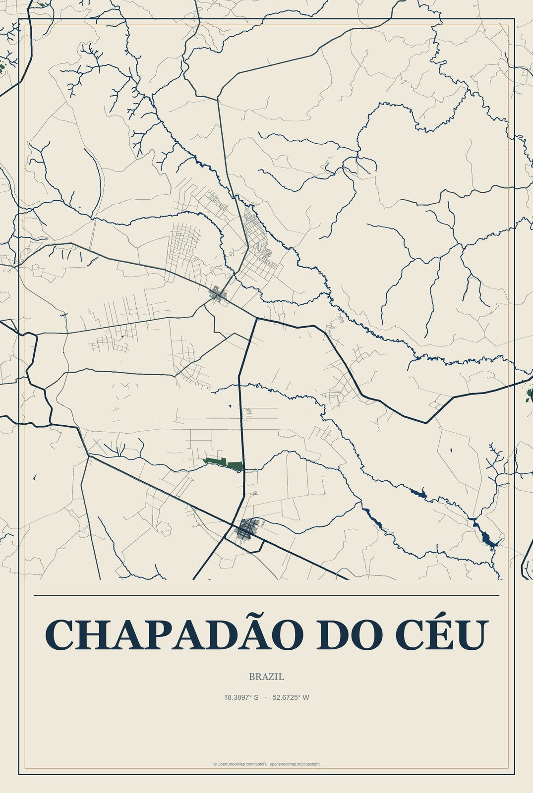 Chapadão do Céu, Brazil City Map Aluminum Sign in Coastal Cutout style