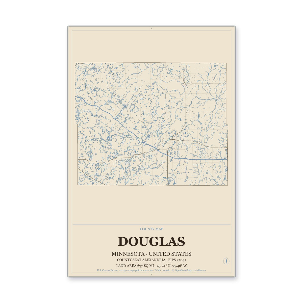 Douglas County, Minnesota Map Aluminum Sign in Heritage Nautical style