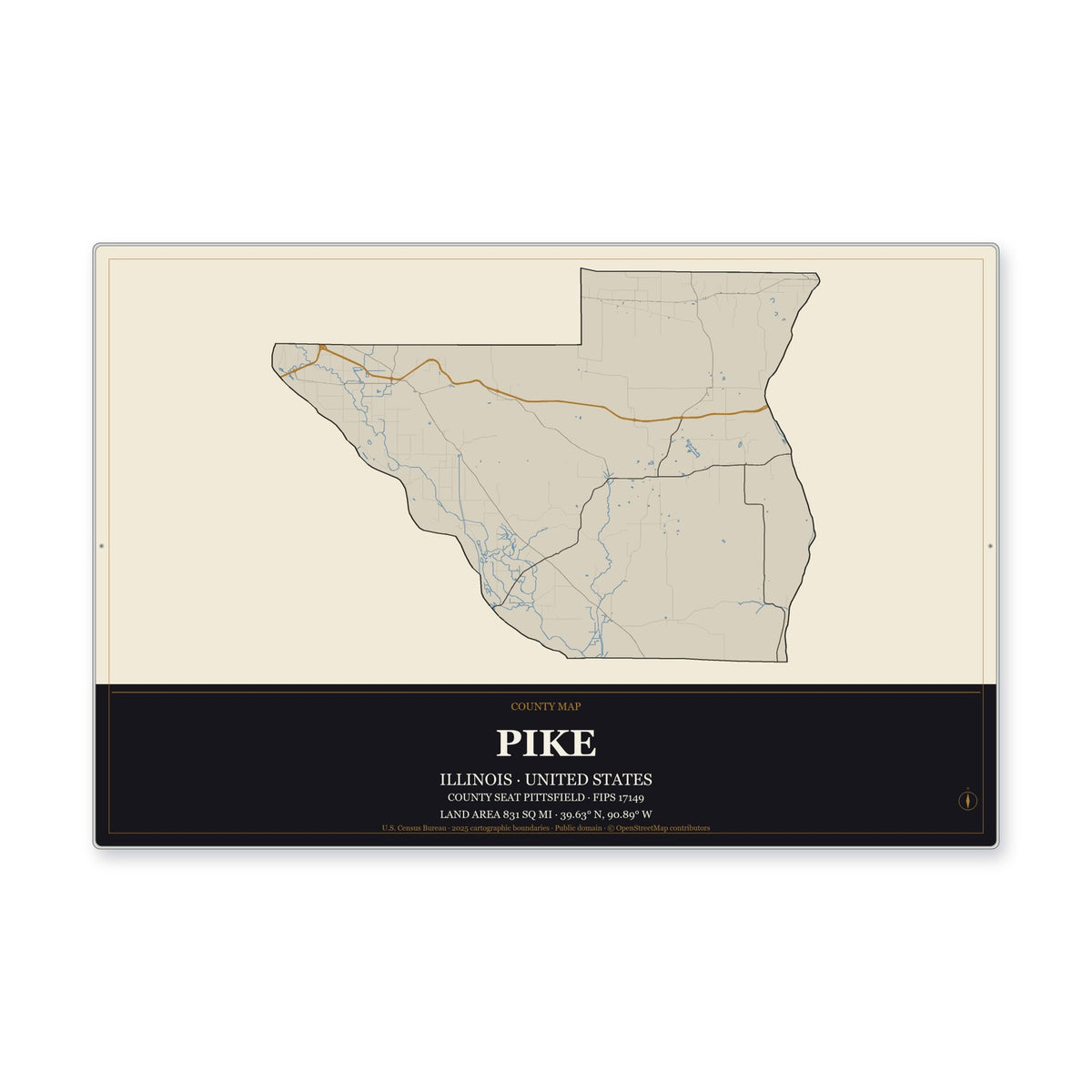 Pike County, Illinois Map Aluminum Sign in Museum Plaque style