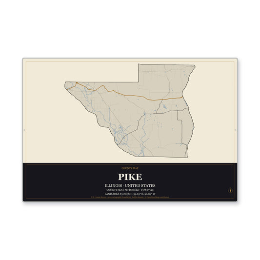 Pike County, Illinois Map Aluminum Sign in Museum Plaque style
