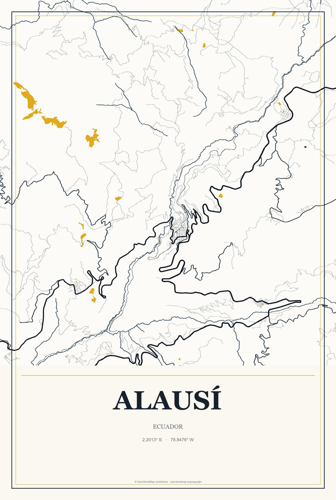 Alausí, Ecuador City Map Aluminum Sign in Citrine Modern style